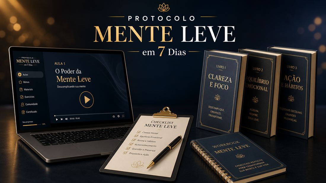 Kit completo do Protocolo Mente Leve em 7 Dias: aulas em vídeo, checklist, guias e workbook