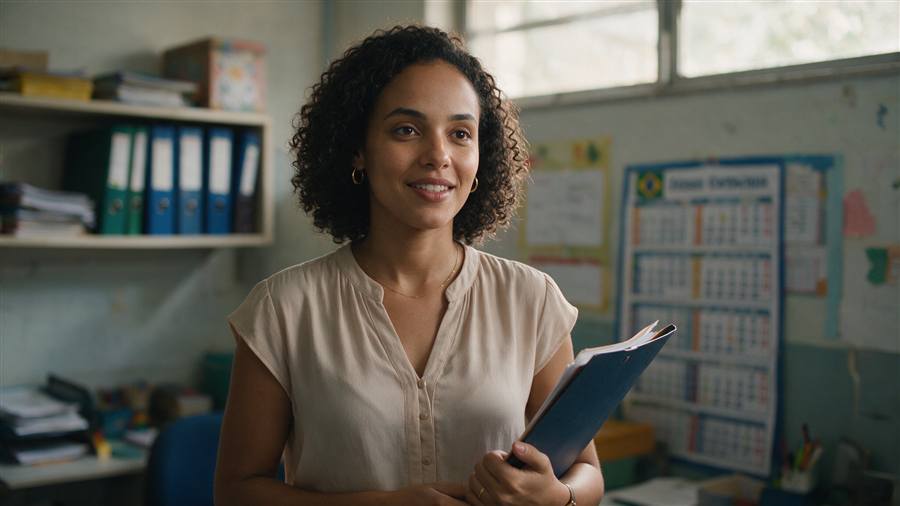 Coordenadora pedagógica brasileira em sala de material didático