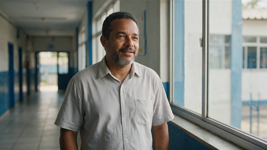 Diretor escolar brasileiro no corredor da escola