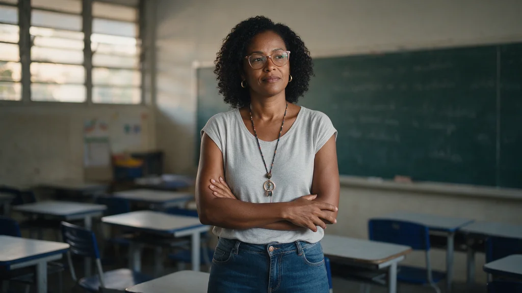 Professora brasileira em sala de aula, expressão pensativa